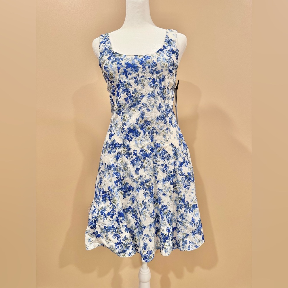 Japna Eyelet Blue and White Floral Mini Dress